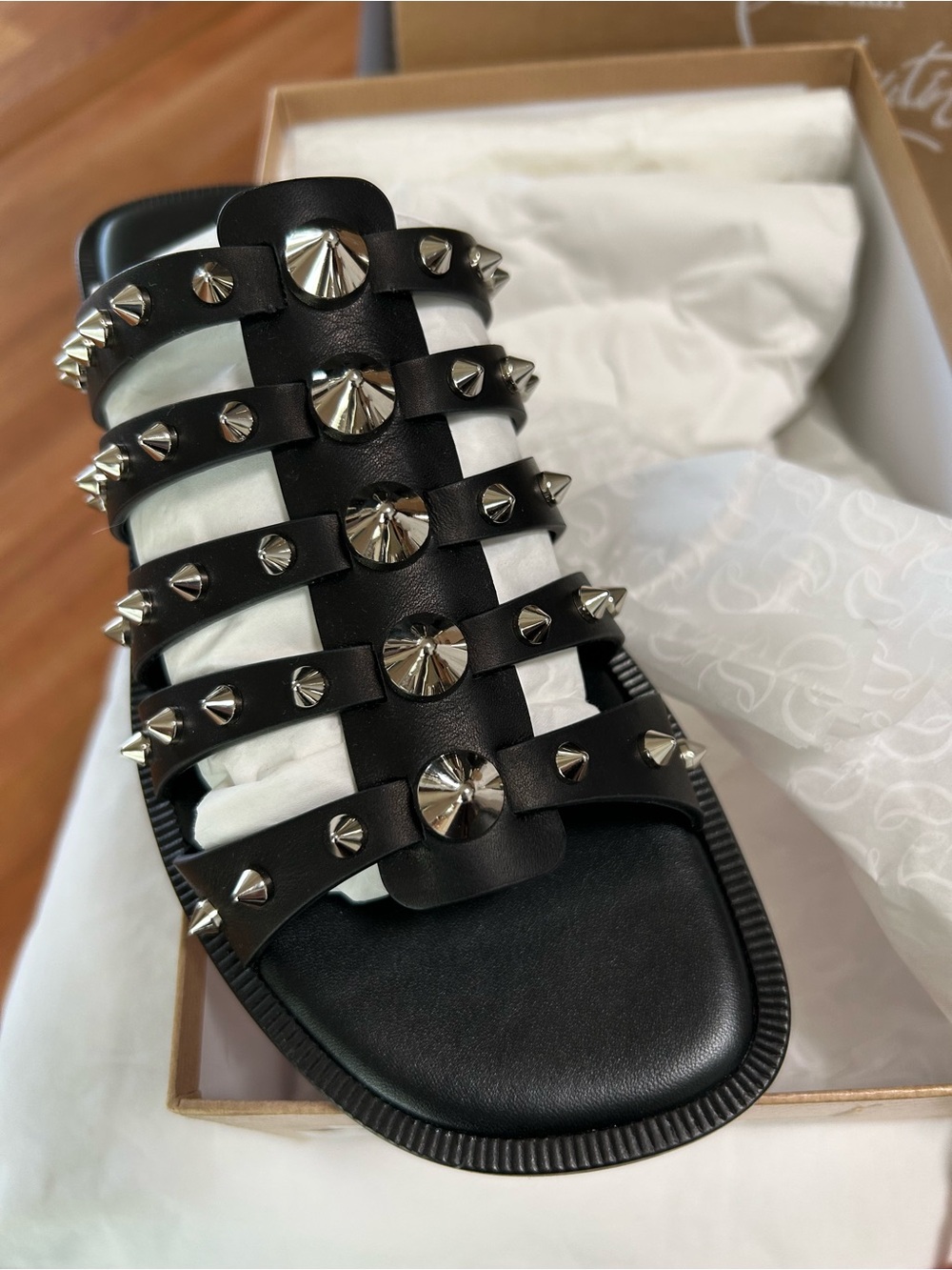 Christian Louboutin Charja Black Studded Multi-Strap Slide Sandals NIB - Picture 7 of 7